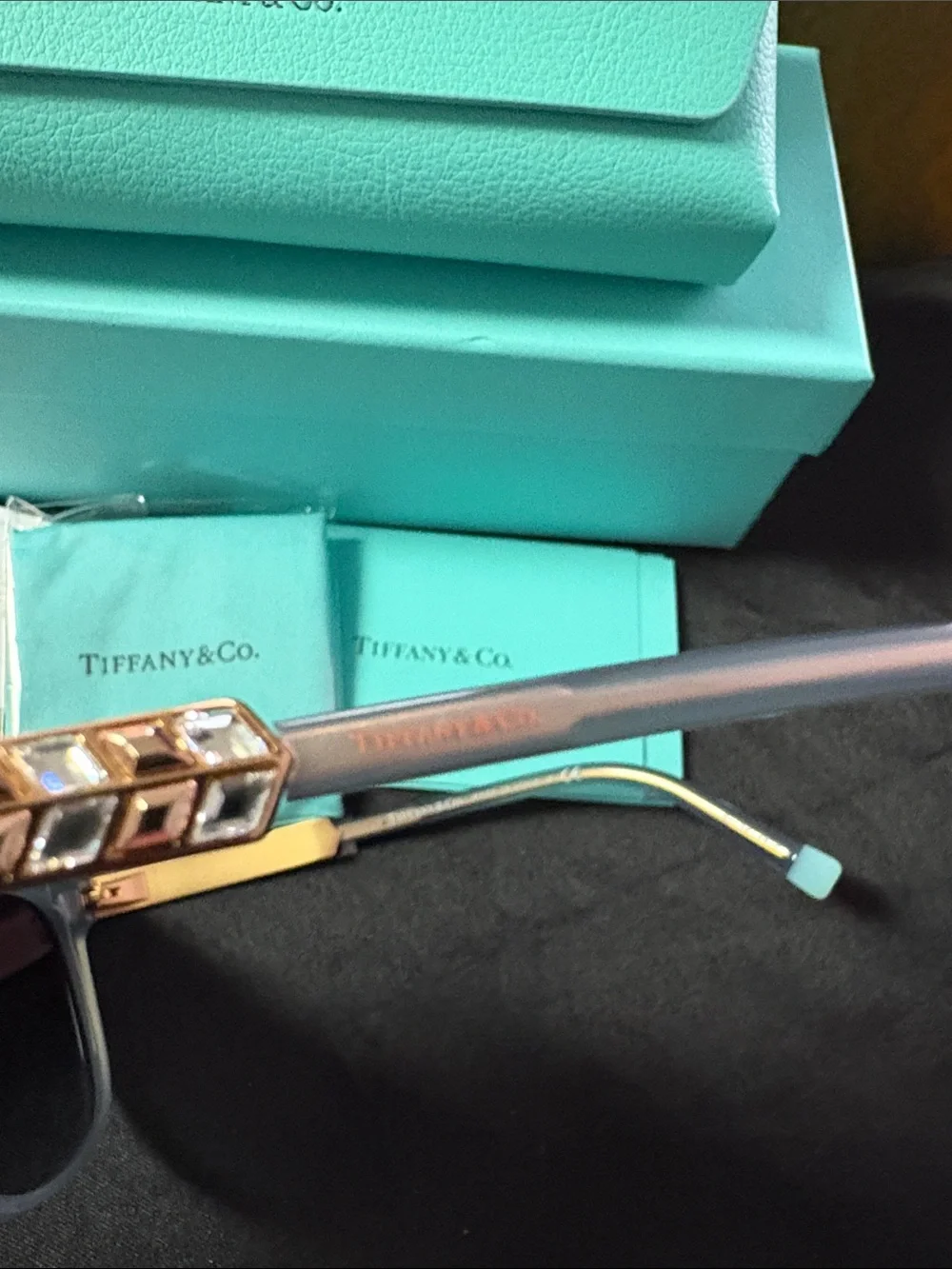 NEW Full Set! Tiffany & Co Sunglasses TF4174. Opal Gray Gold Crystals  54mm